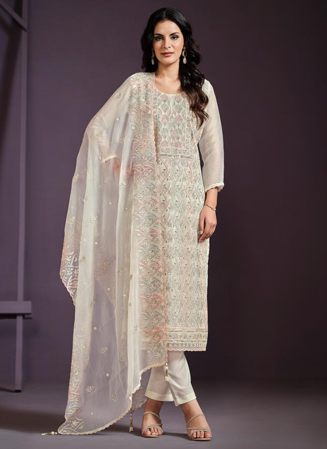 Chiffon White Festival Wear Embroidery Work Straight Suit